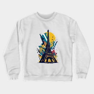 Vibrant illustration of chaotic debris around the Eiffel tower Crewneck Sweatshirt